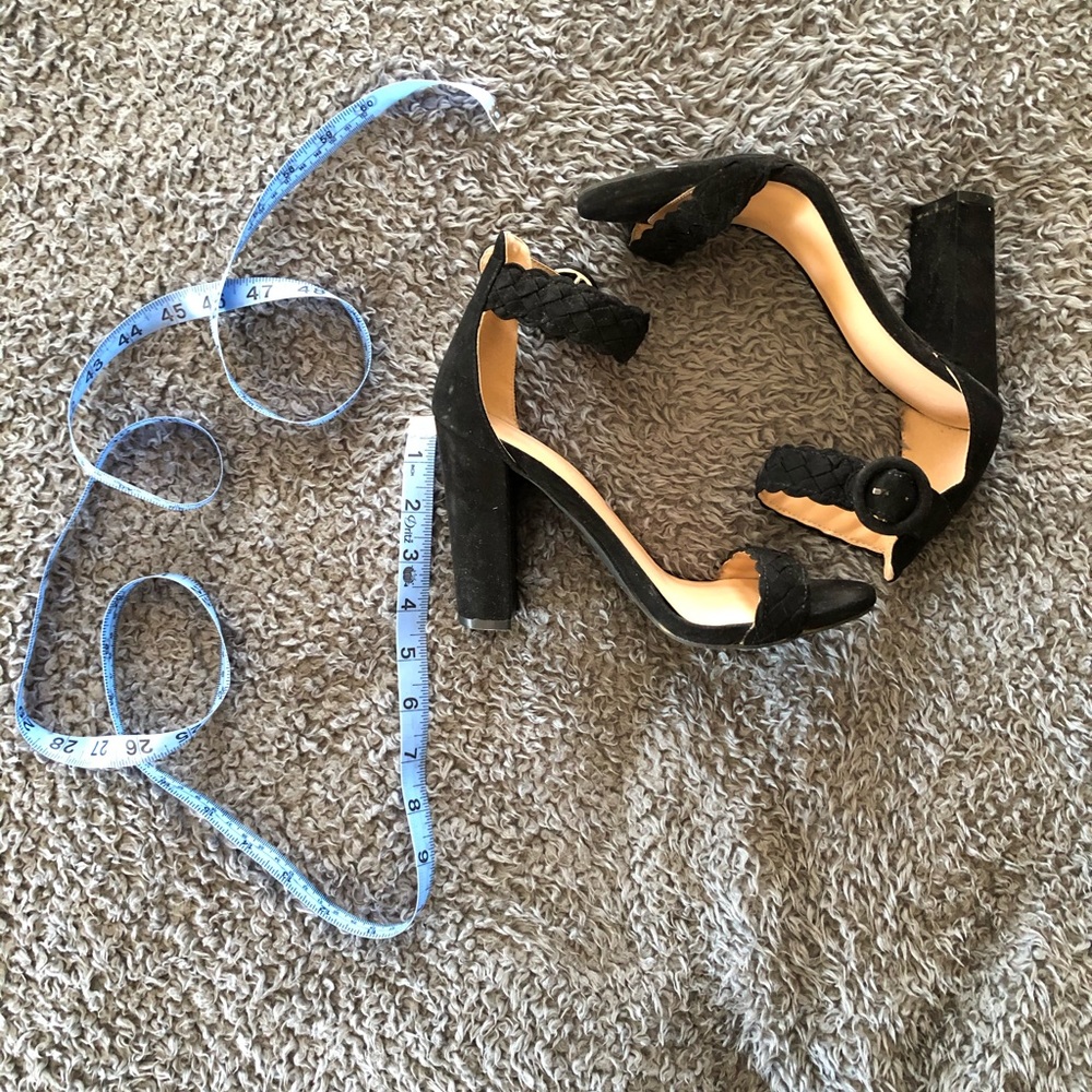 BLACK FAUX SUEDE ANKLE STRAP TAPERED HEEL